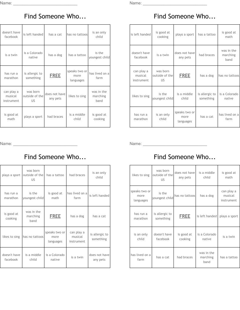 Find Someone Who... Bingo Cards