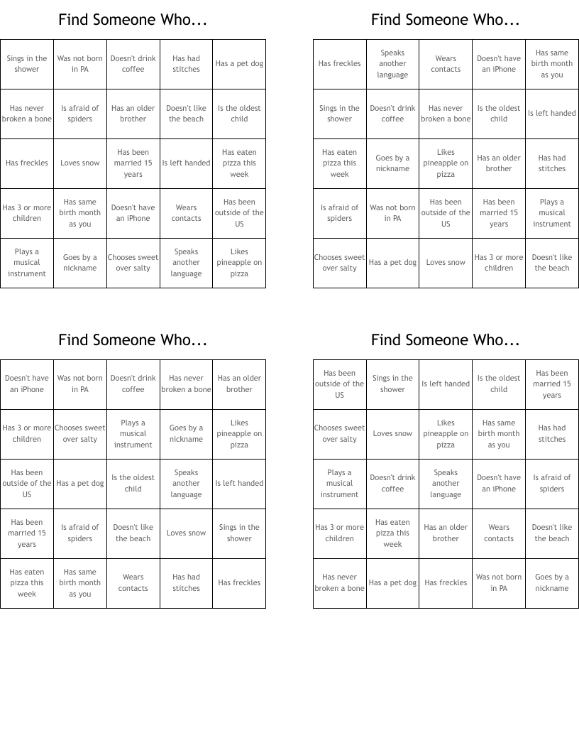 Find Someone Who... Bingo Cards