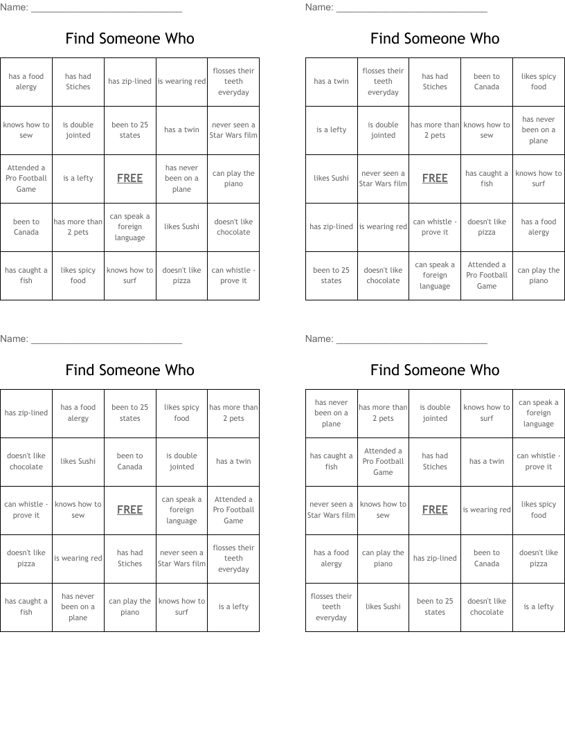 Find Someone Who Bingo Cards