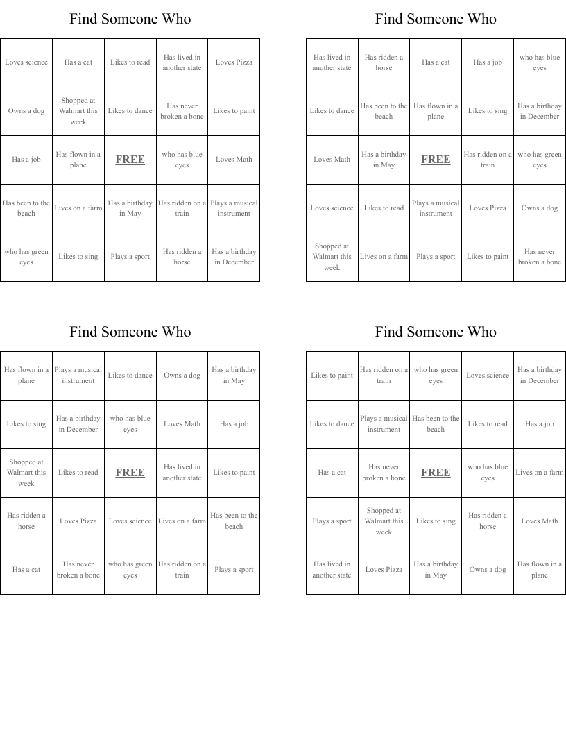 Find Someone Who Bingo Cards