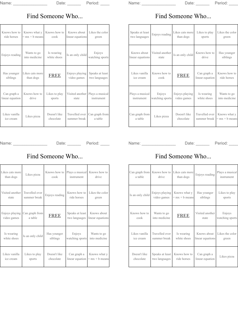 Find Someone Who... Bingo Cards
