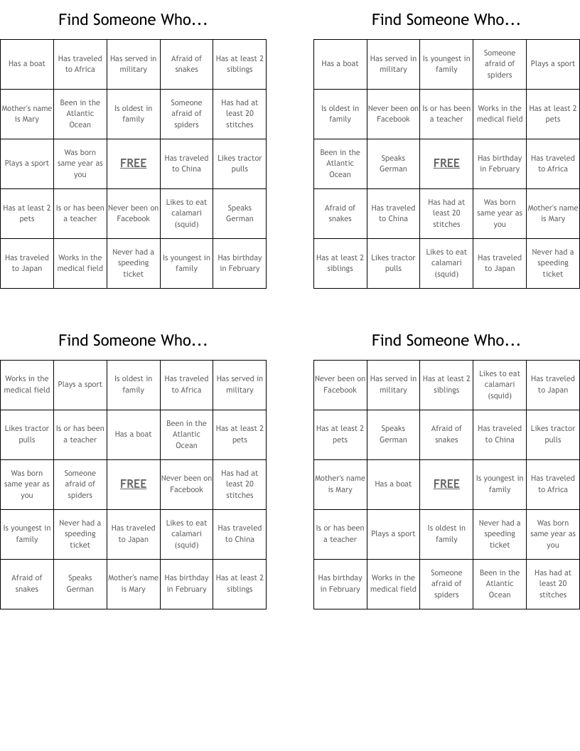 Find Someone Who... Bingo Cards