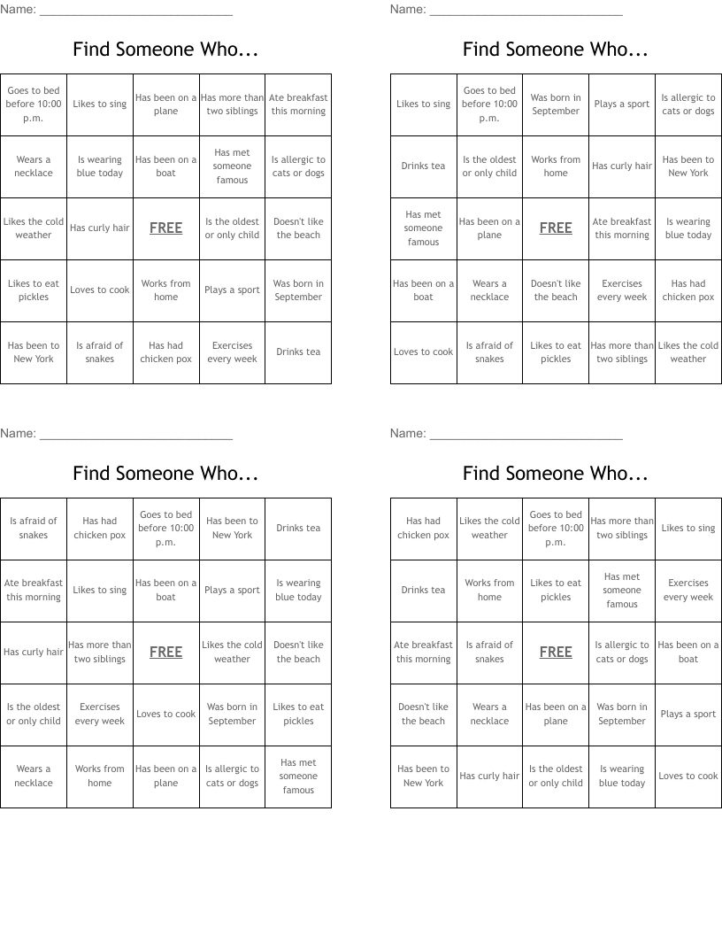 Find Someone Who... Bingo Cards