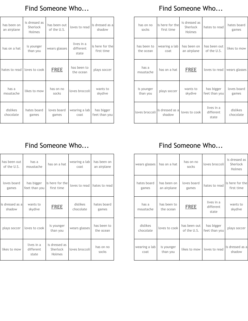 Find Someone Who... Bingo Cards