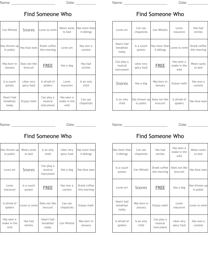 Find Someone Who Bingo Cards