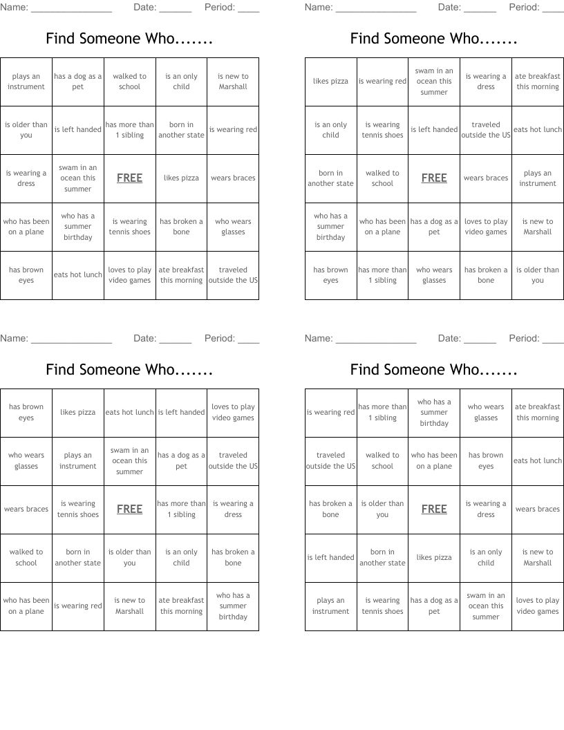 Find Someone Who....... Bingo Cards