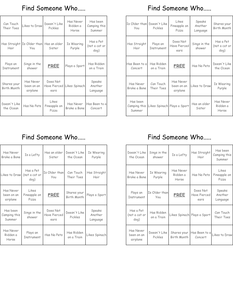 Find Someone Who..... Bingo Cards