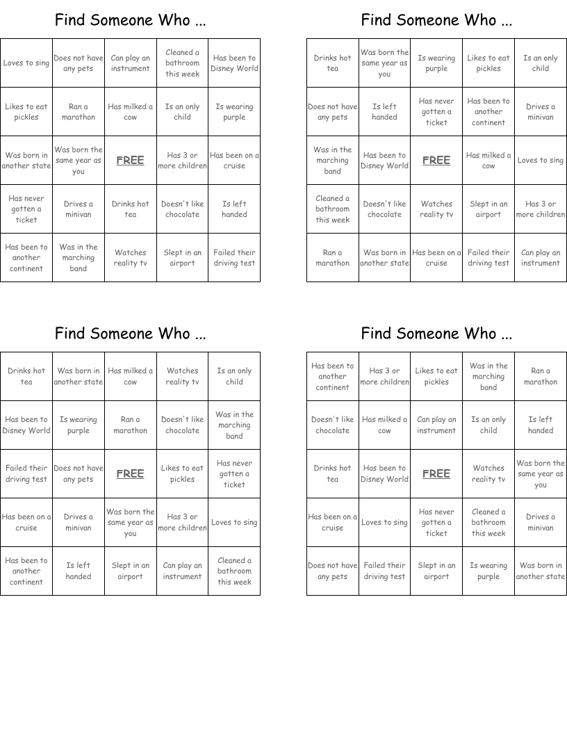 Find Someone Who ... Bingo Cards