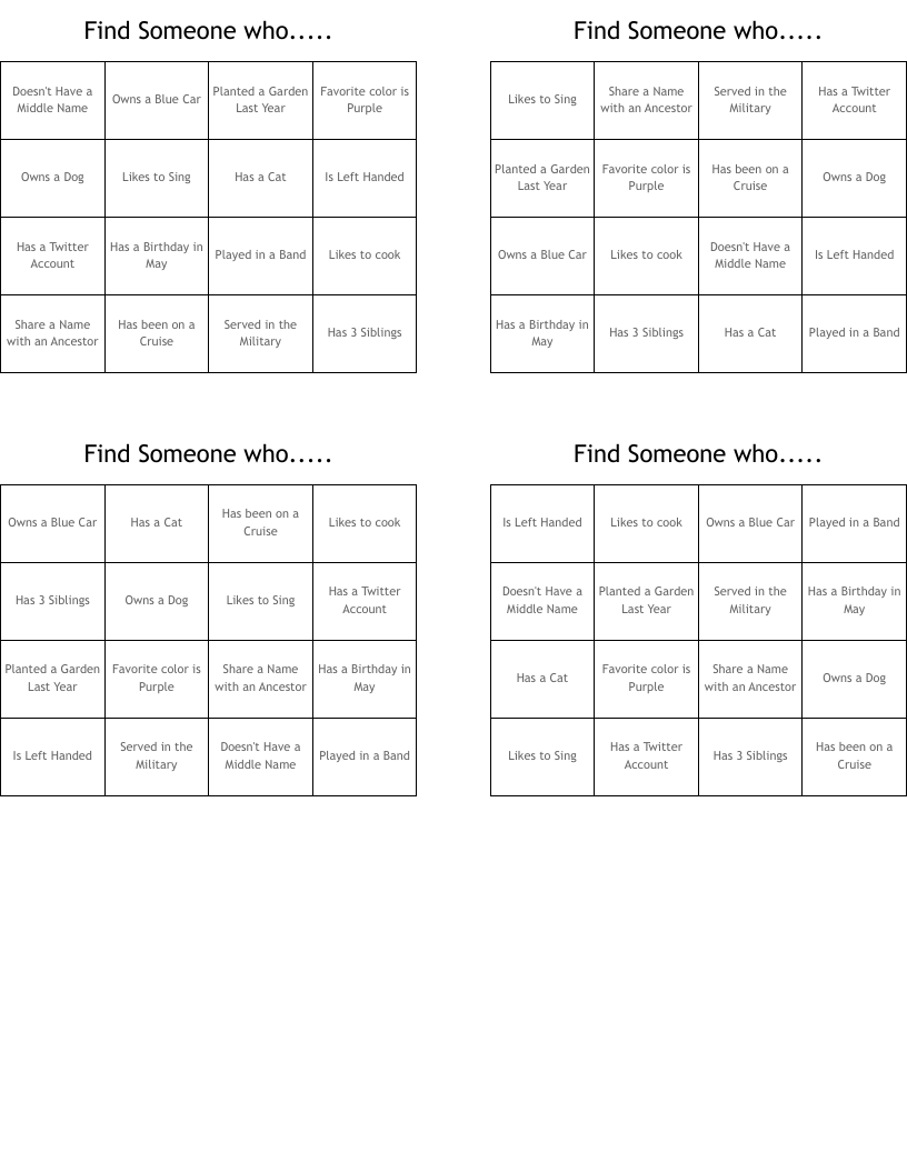 Find Someone who..... Bingo Cards