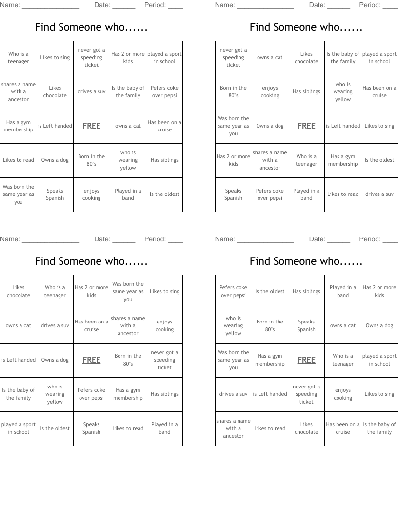 Find Someone who...... Bingo Cards