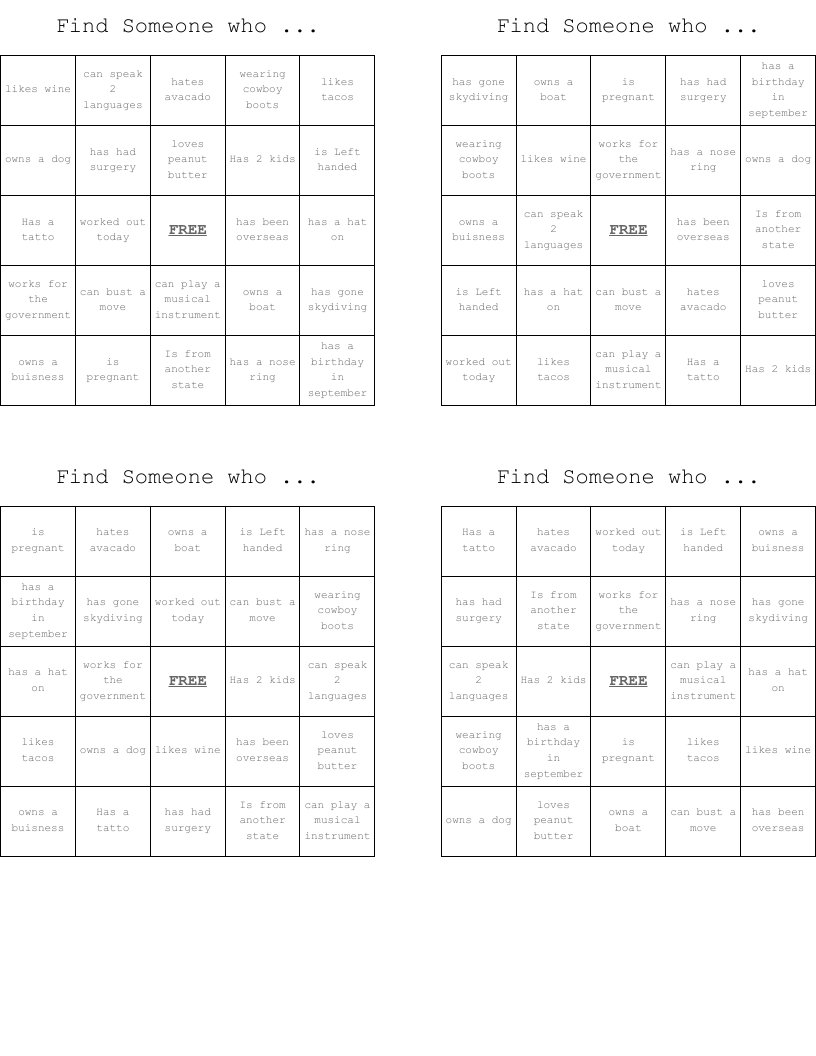 Find Someone who ... Bingo Cards
