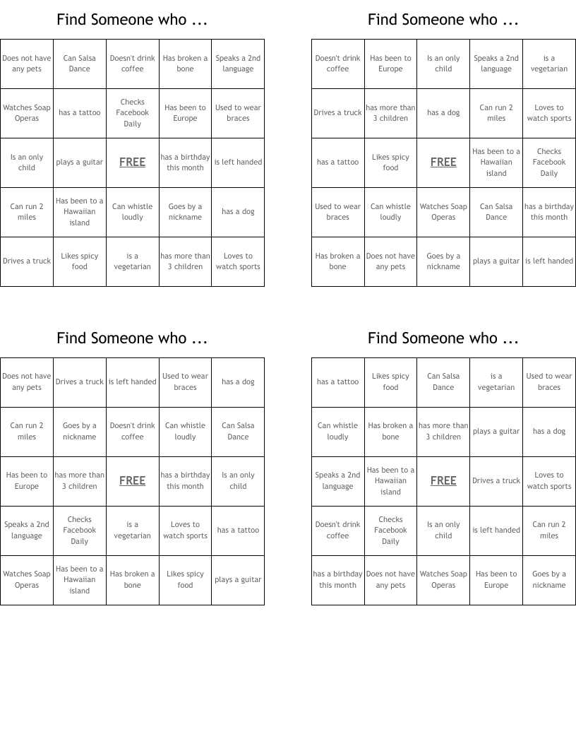 Find Someone who ... Bingo Cards