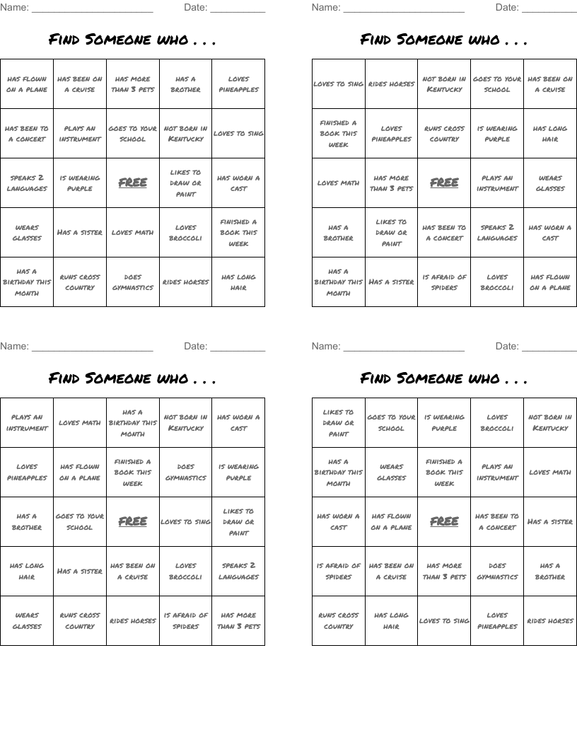 Find Someone who . . . Bingo Cards