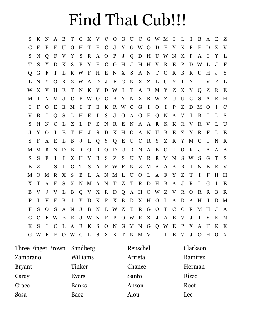 Find That Cub!!! Word Search