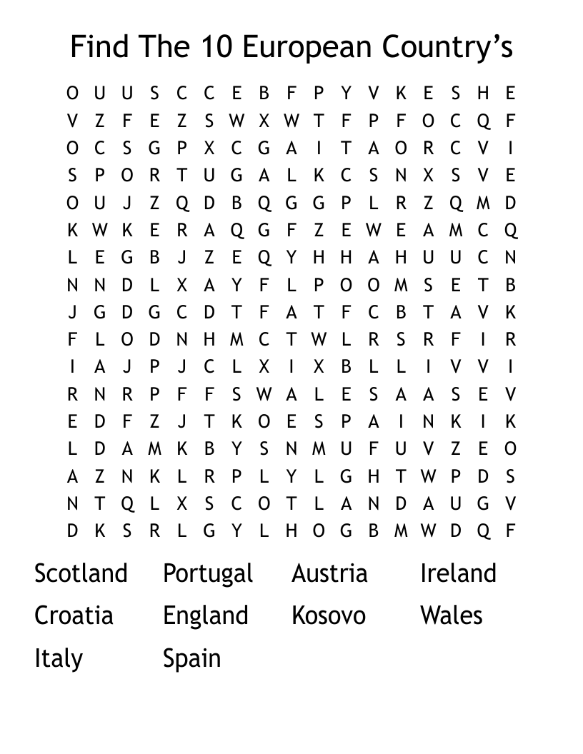 Find The 10 European Country’s   Word Search