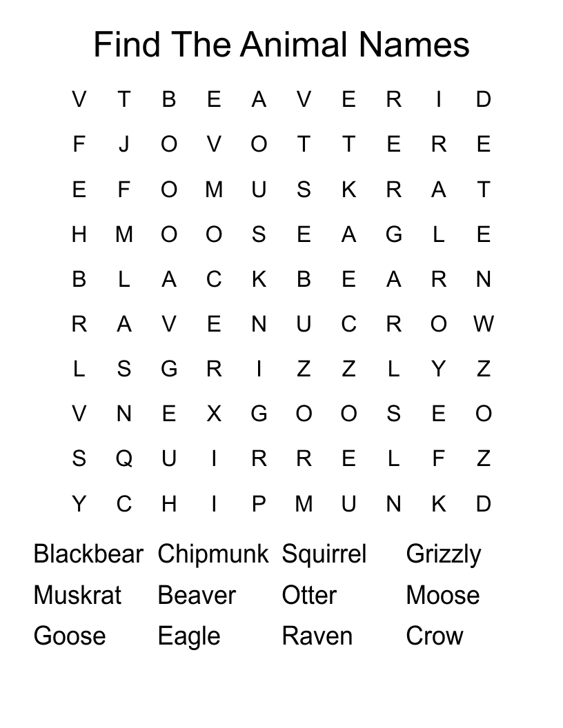 Find The Animal Names Word Search