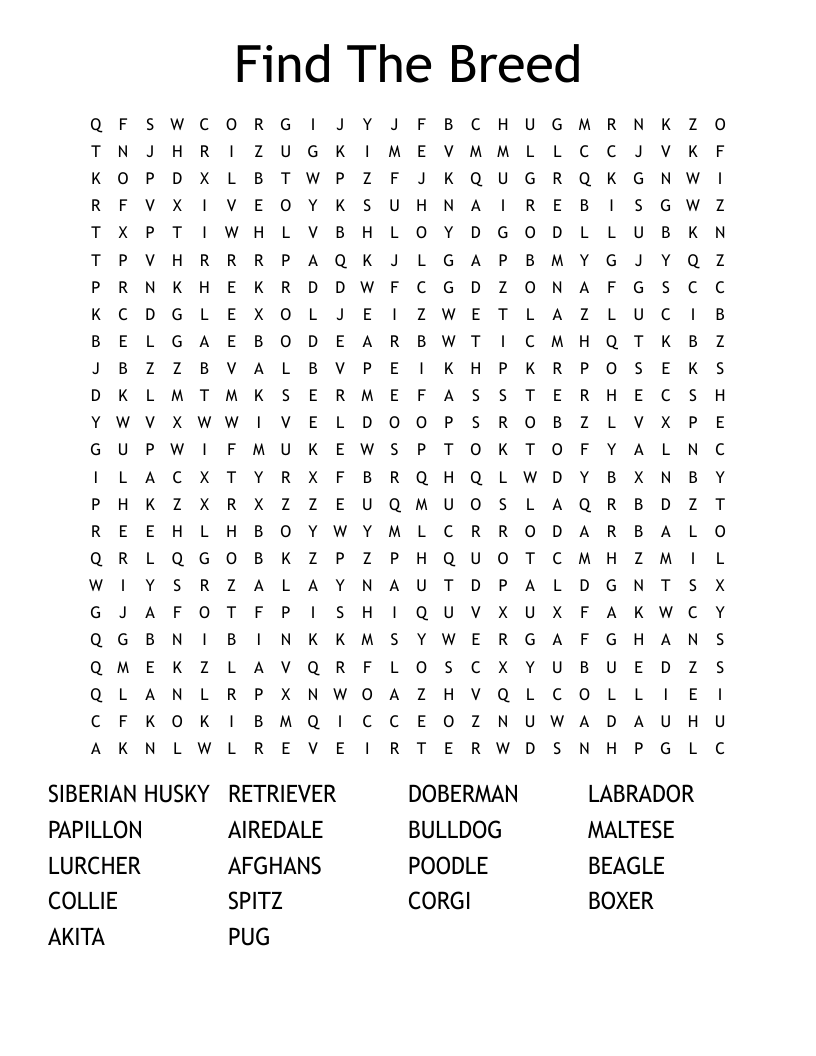 Find The Breed Word Search