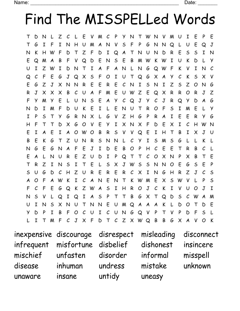 Find The MISSPELLed Words Word Search