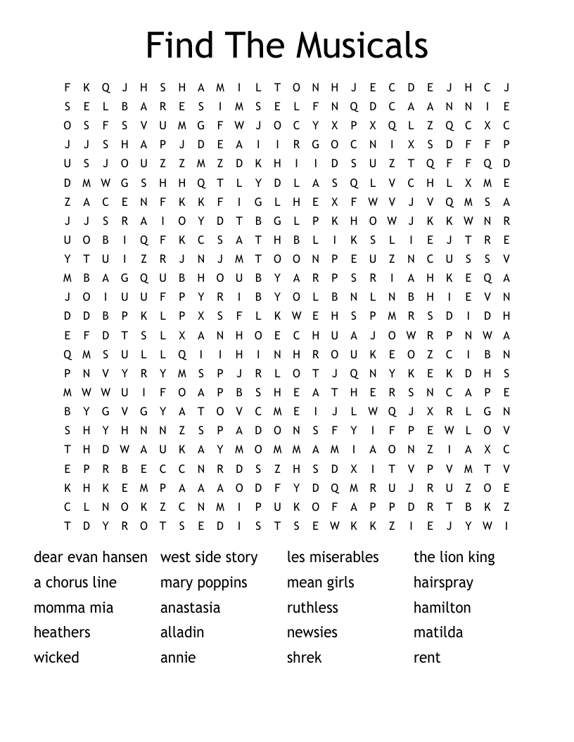 Find The Musicals Word Search