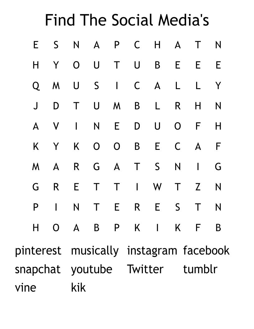 Find The Social Media's Word Search