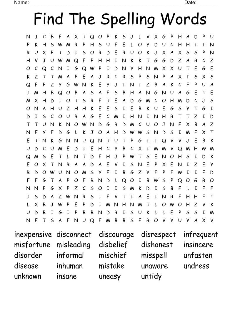 Find The Spelling Words Word Search