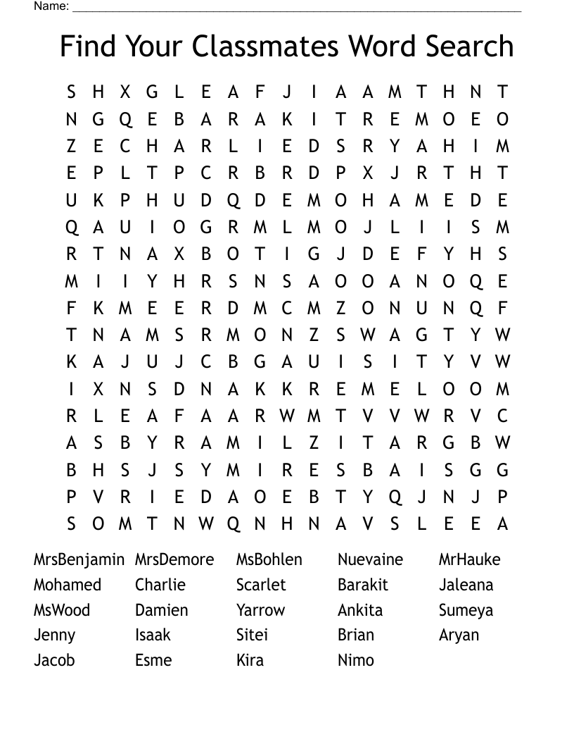 Find Your Classmates Word Search