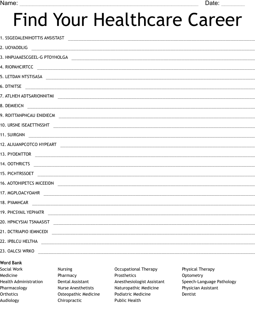 Find Your Healthcare Career Word Scramble