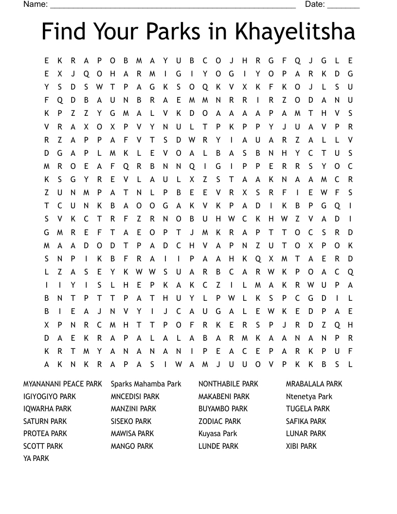 Find Your Parks in Khayelitsha Word Search