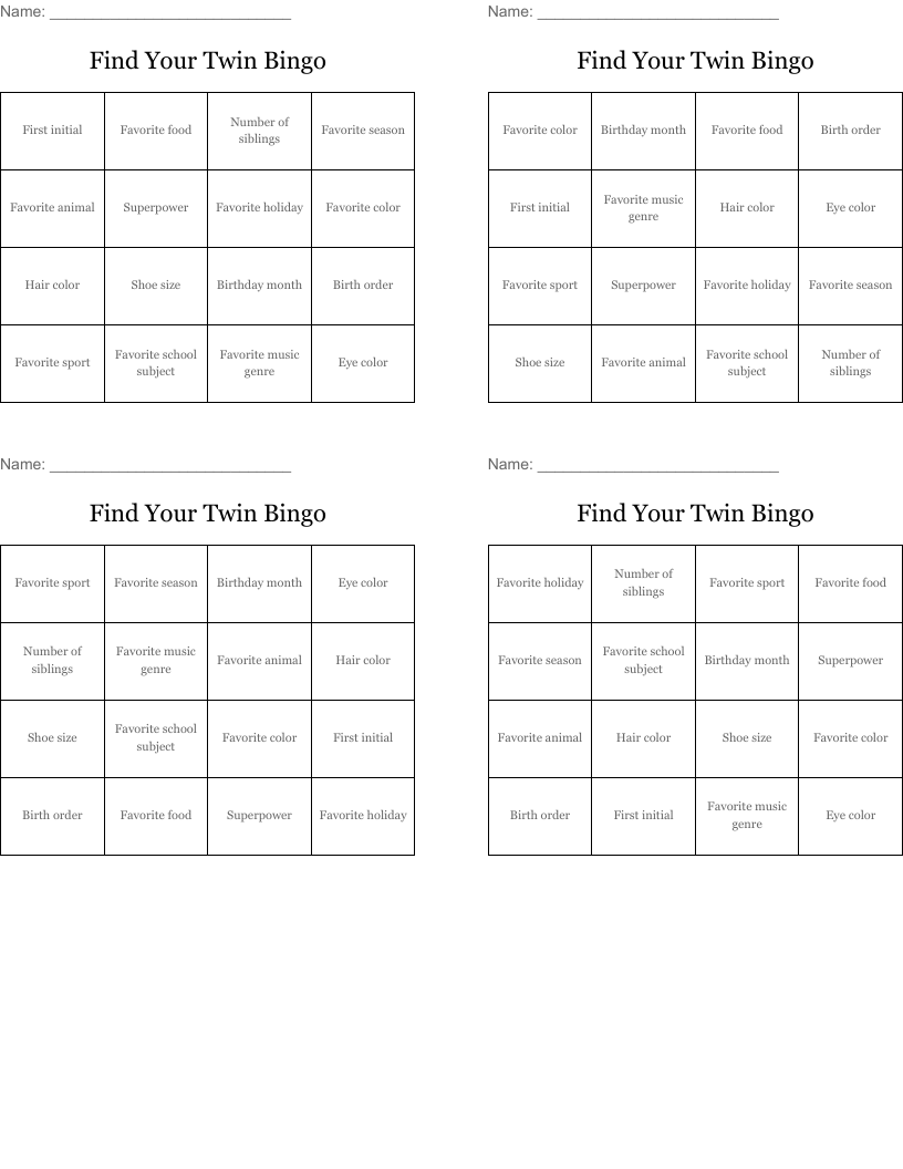 Find Your Twin Bingo