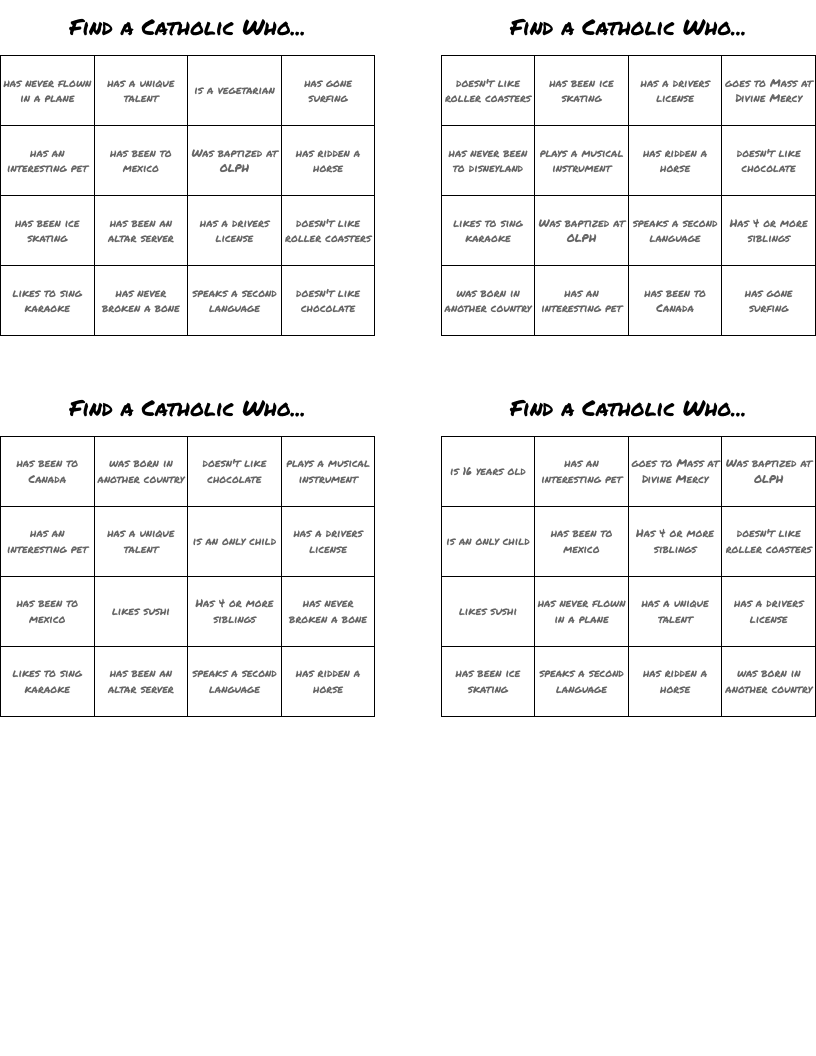 Find a Catholic Who... Bingo Cards