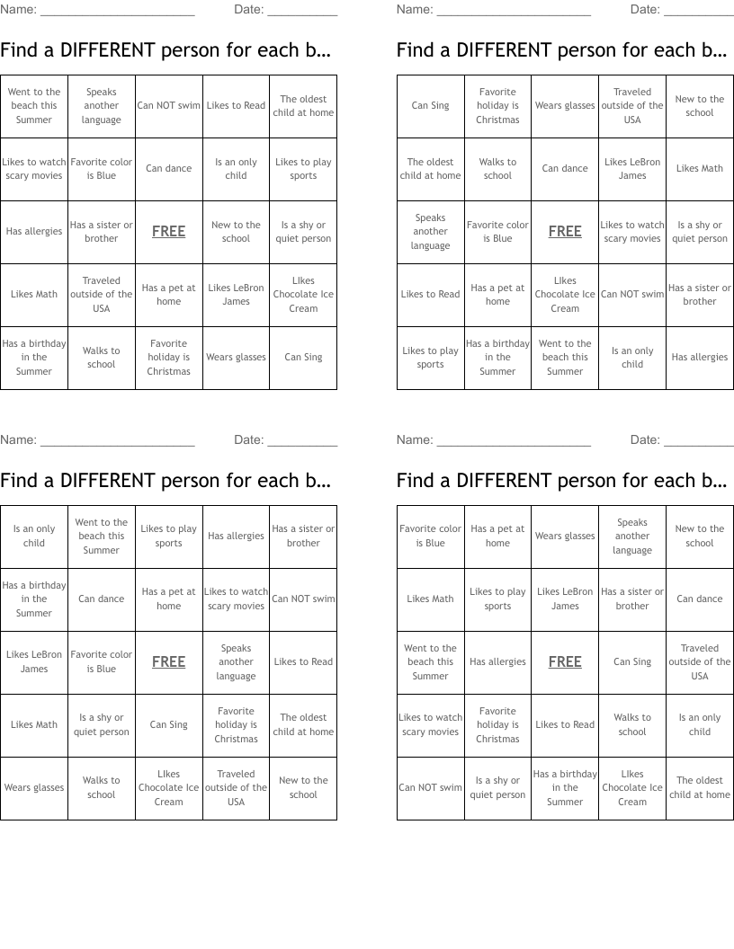 Find a DIFFERENT person for each box. Bingo Cards