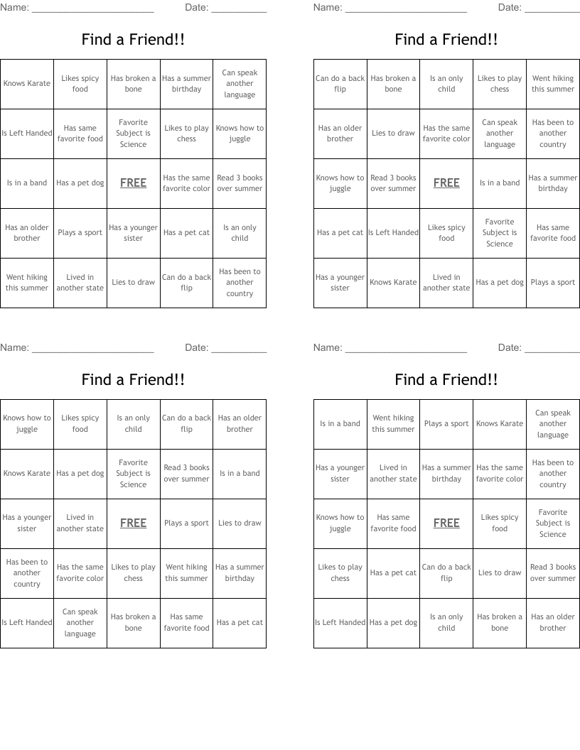 Find a Friend!! Bingo Cards