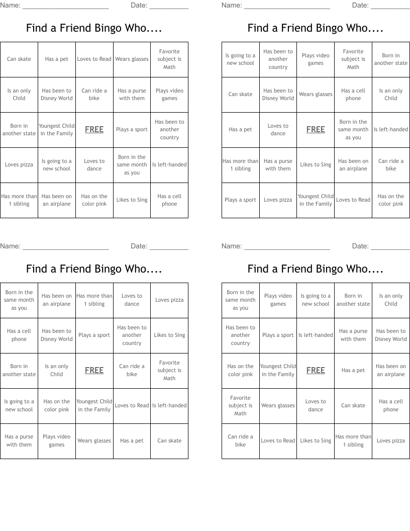 Find a Friend Bingo Who....