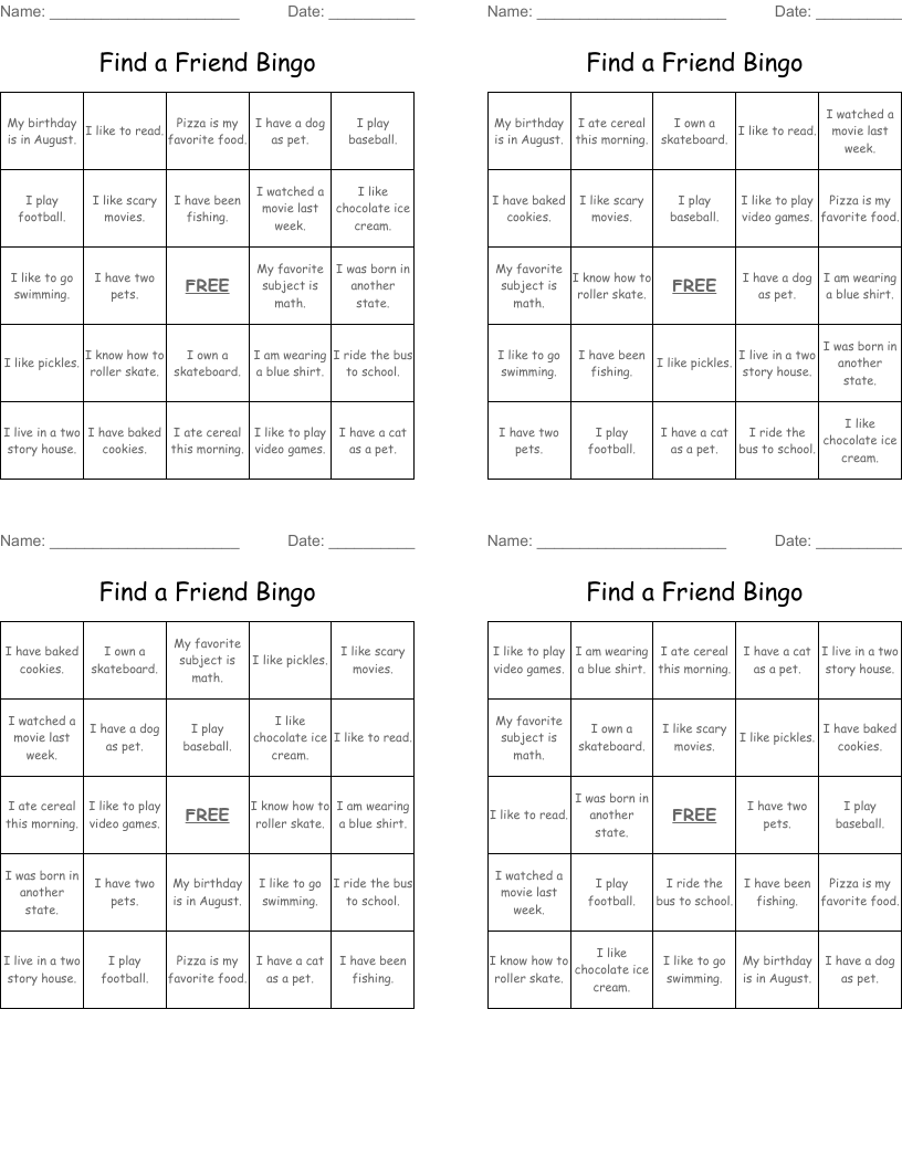 Find a Friend Bingo                                                                                                                          
