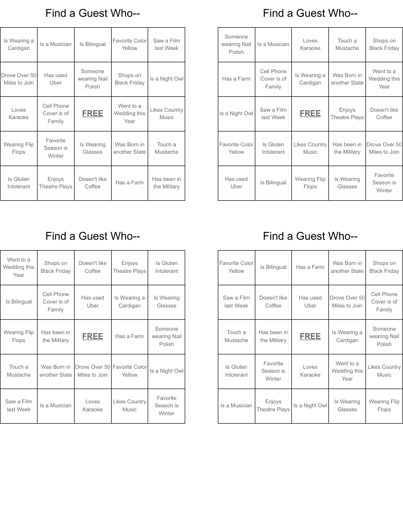 Find a Guest Who-- Bingo Cards
