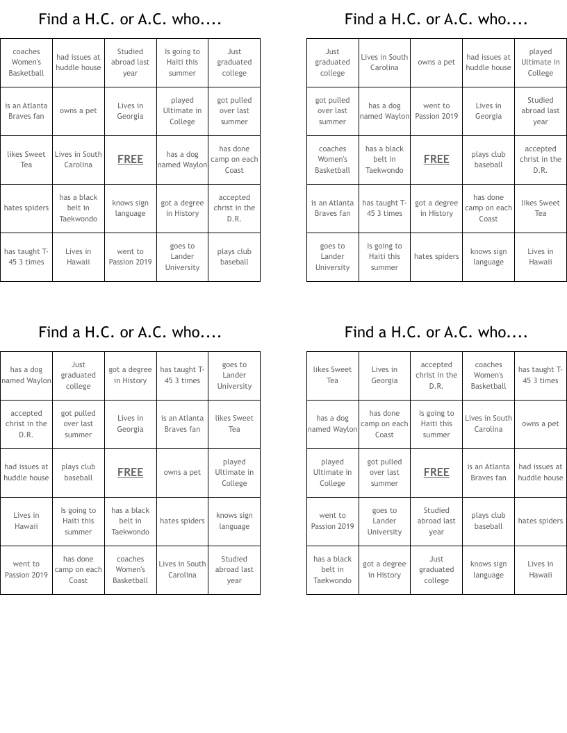 Find a H.C. or A.C. who.... Bingo Cards