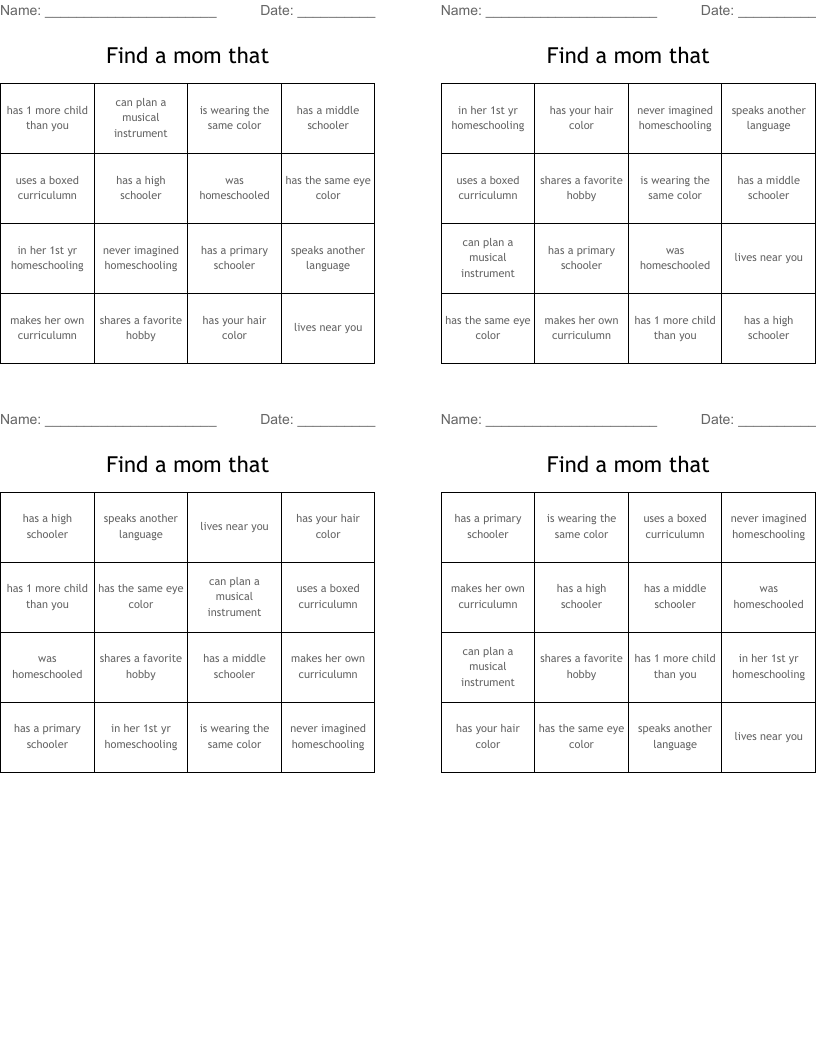 Find a mom that Bingo Cards