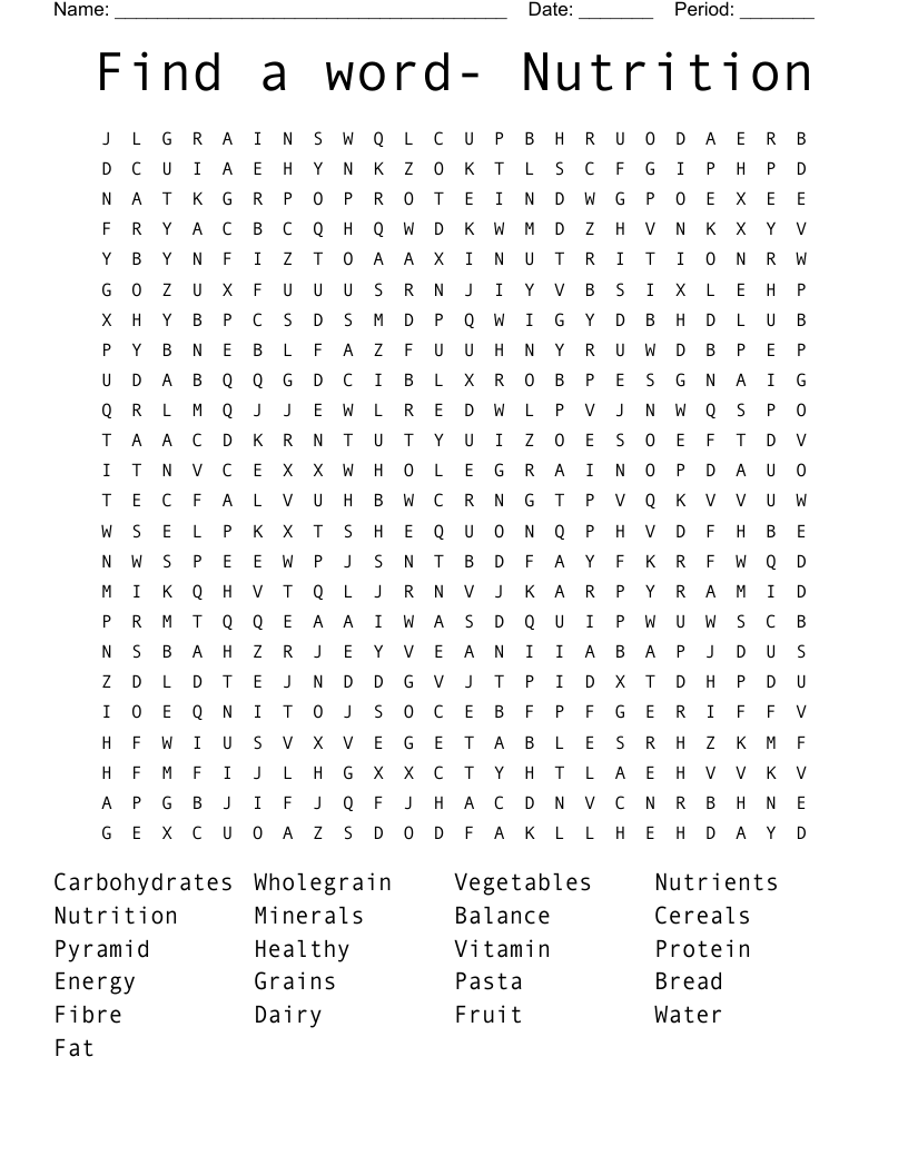 Find a word- Nutrition Word Search
