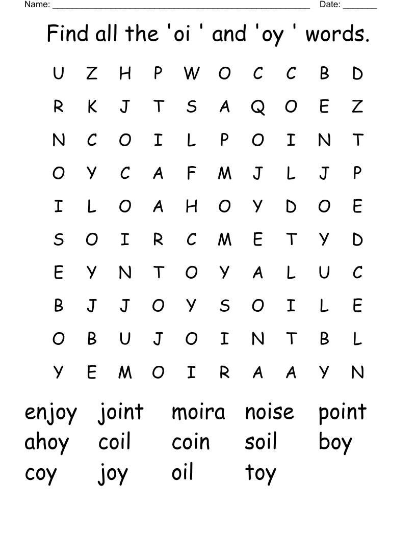 Find all the 'oi ' and 'oy ' words.  Word Search
