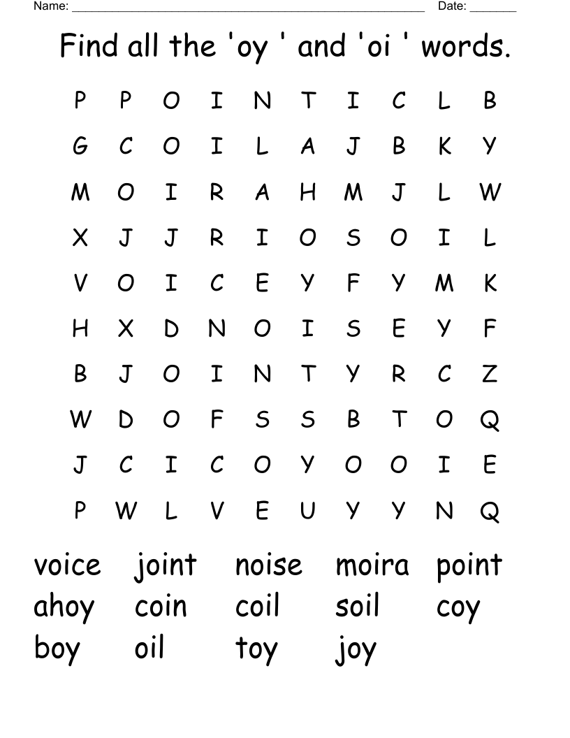 Find all the 'oy ' and 'oi ' words. Word Search