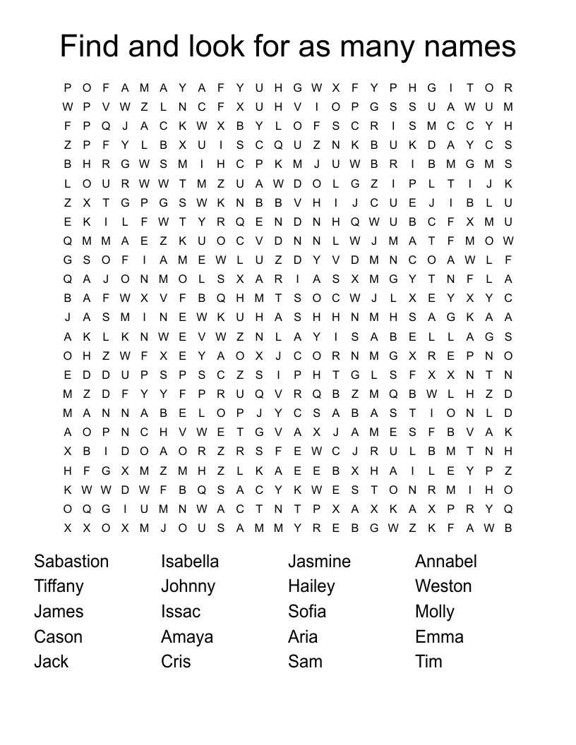 Find and look for as many names Word Search