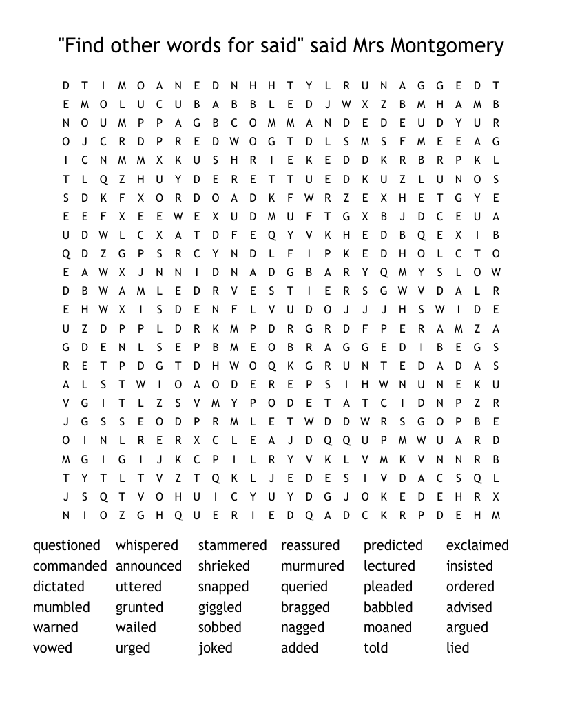 "Find other words for said" said Mrs Montgomery Word Search