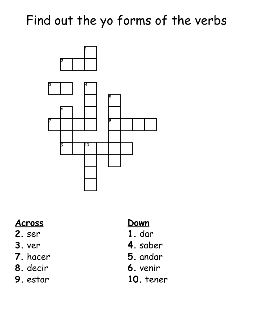 Find out the yo forms of the verbs Crossword