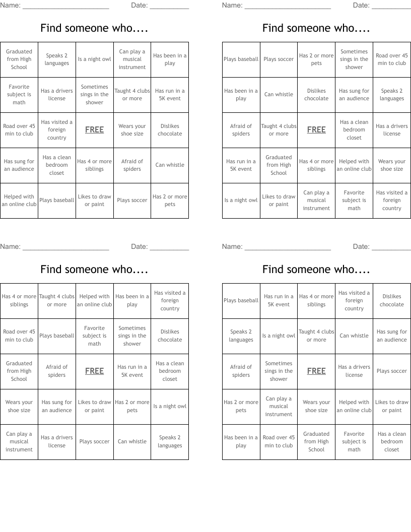 Find someone who.... Bingo Cards