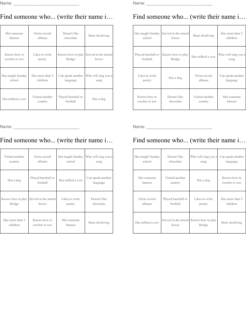 Find someone who...  (write their name in the box)   Bingo Cards