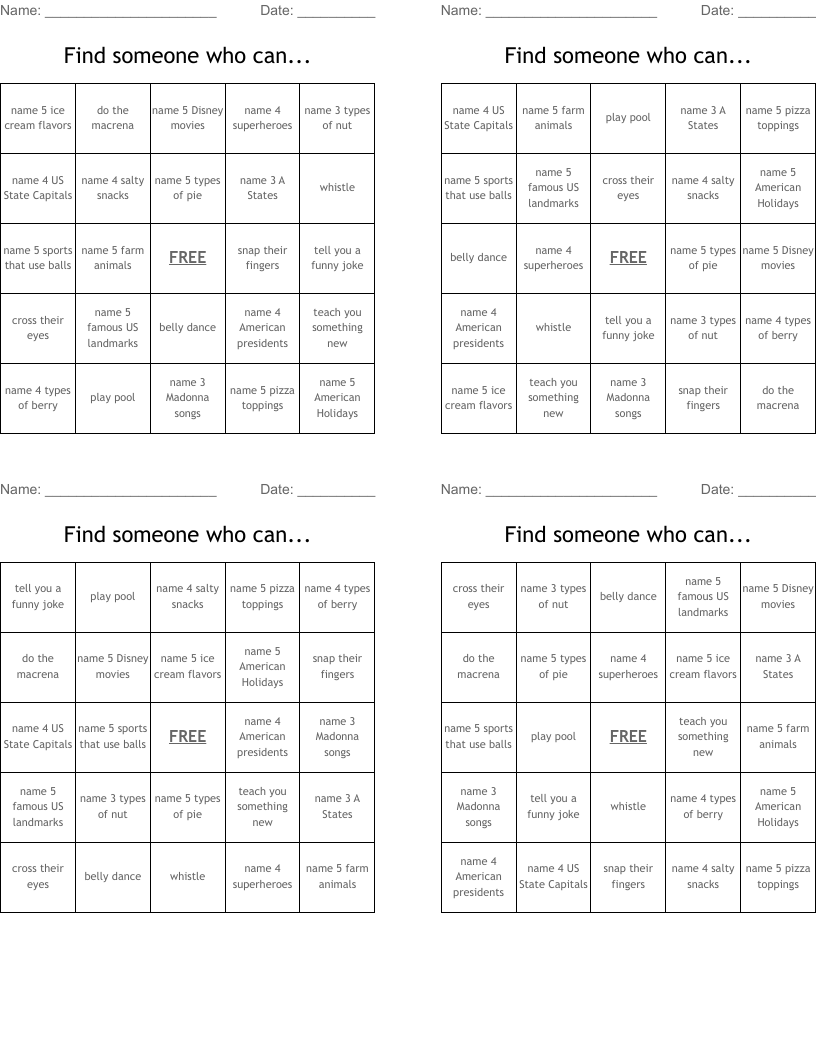 Find someone who can... Bingo Cards