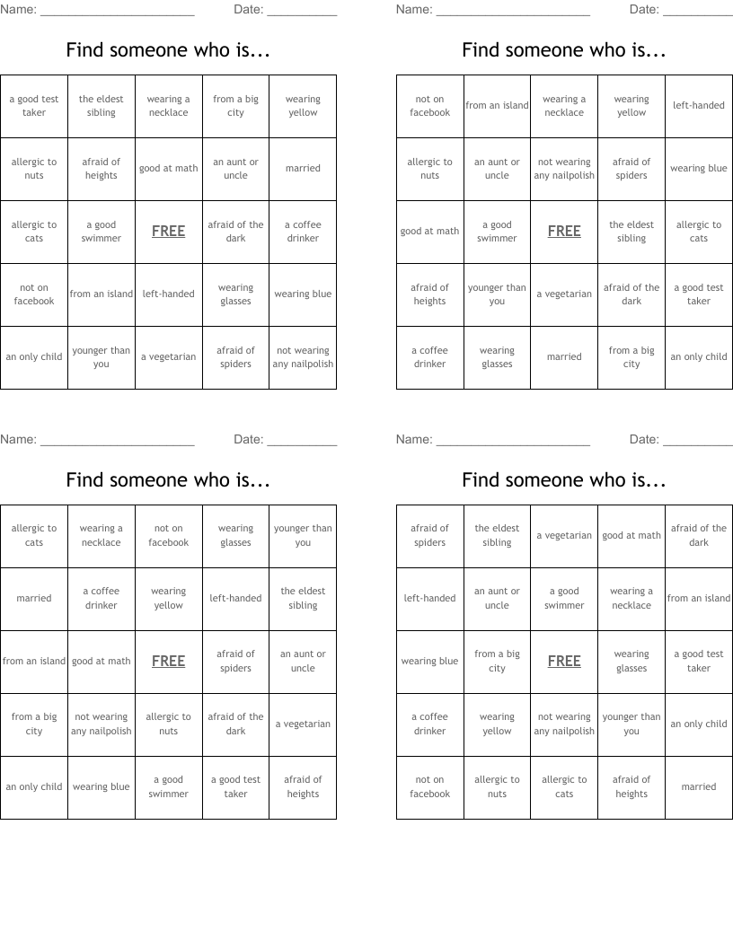 Find someone who is... Bingo Cards