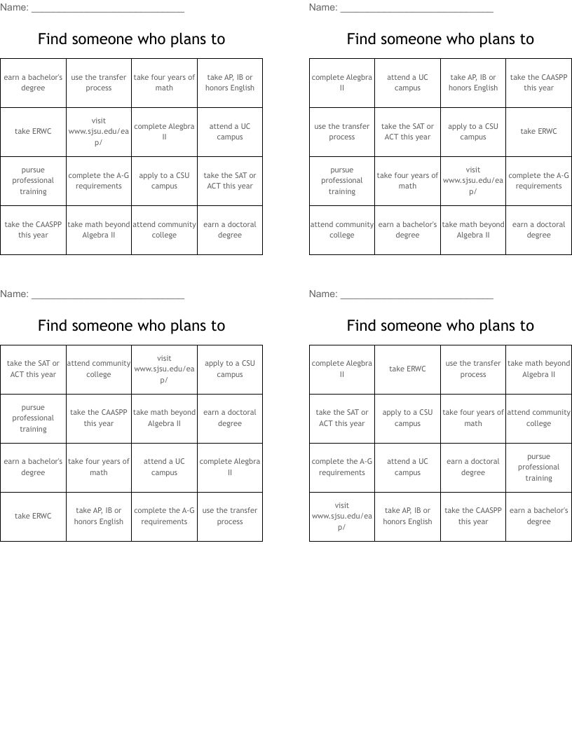 Find someone who plans to Bingo Cards