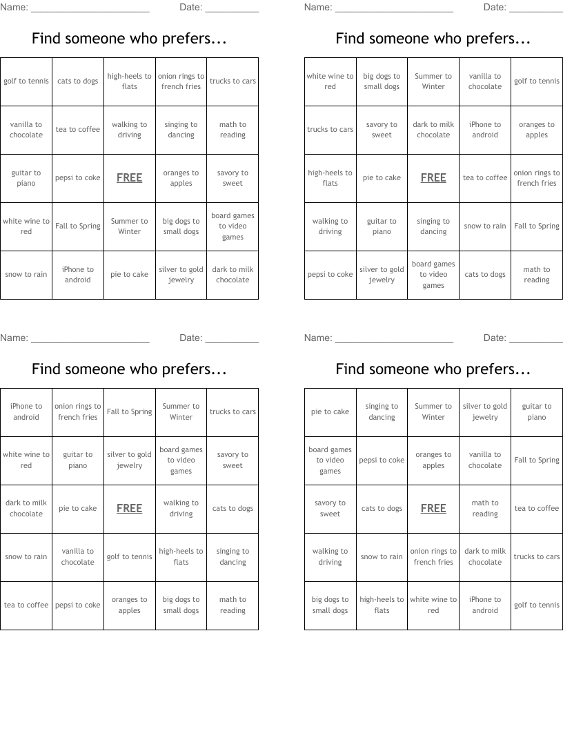 Find someone who prefers... Bingo Cards