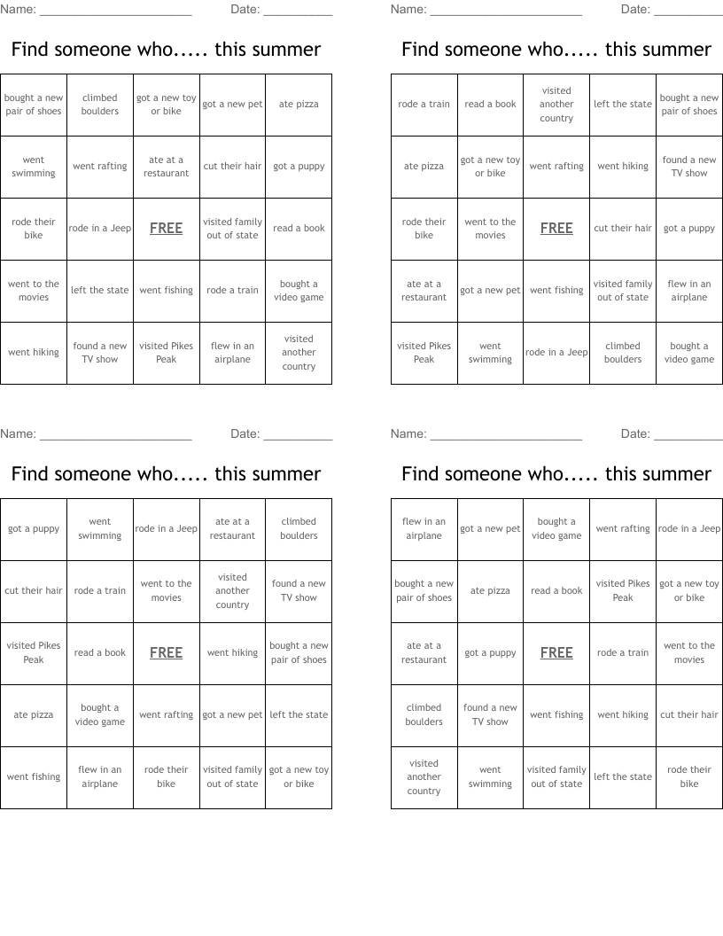 Find someone who..... this summer Bingo Cards